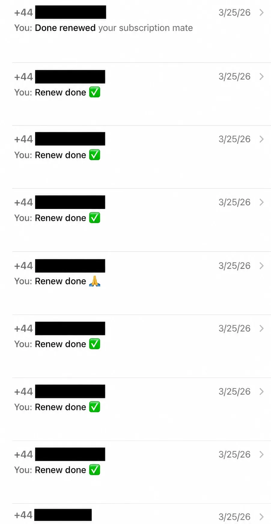 WhatsApp chat list showing several subscription renewals completed on the same day
