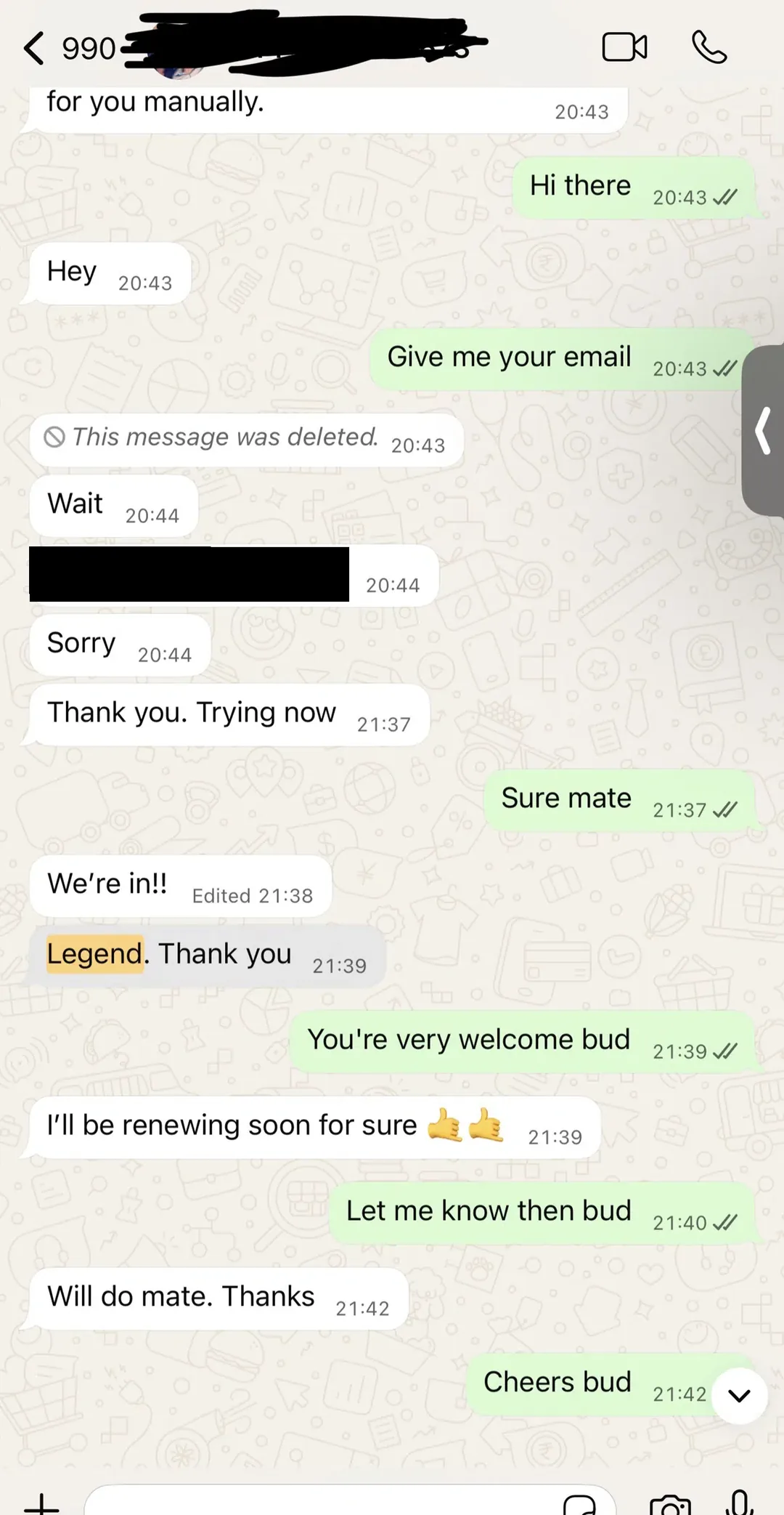 WhatsApp conversation showing a customer stuck partway through setup, worked through to a working screen